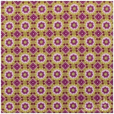 tecido padrão floral rosa, amarelo e losangos roxos