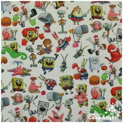 Tecido estampado com personagens do Bob Esponja em fundo branco