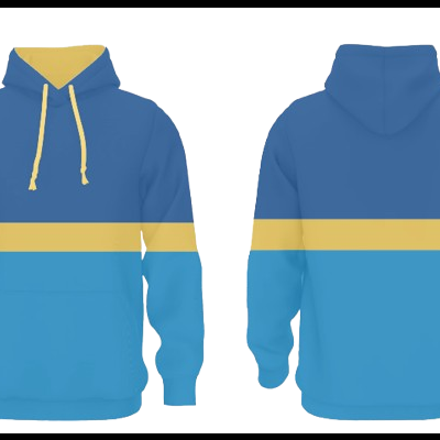 Sweatshirt com capuz azul com faixa amarela e cordões amarelos.