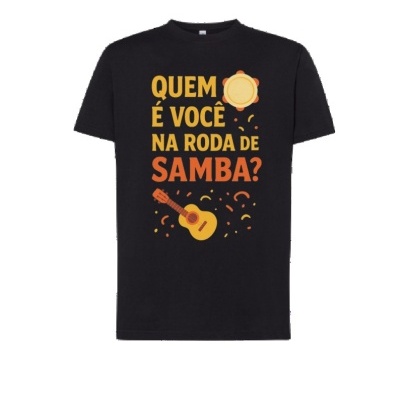 T-shirt preta com texto colorido e ilustrações de instrumentos musicais
