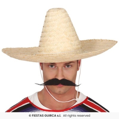 Homem com chapéu de palha mexicano e bigode falso