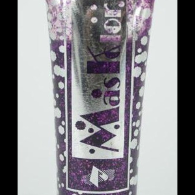 Tubo de embalagem com glitter roxo e texto Más fácil
