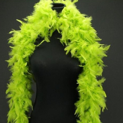 Pena de marabu verde-limão numa peça de roupa exposta em manequim preto