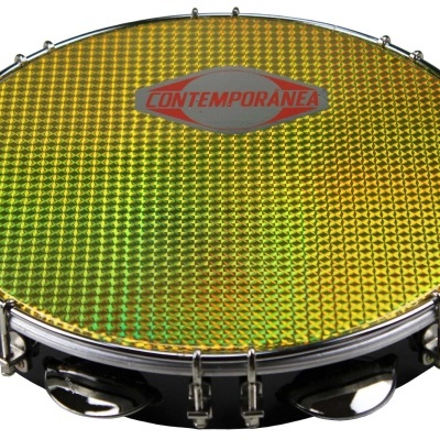 Pandeiro metálico com pele dourada e etiqueta CONTEMPORÂNEA