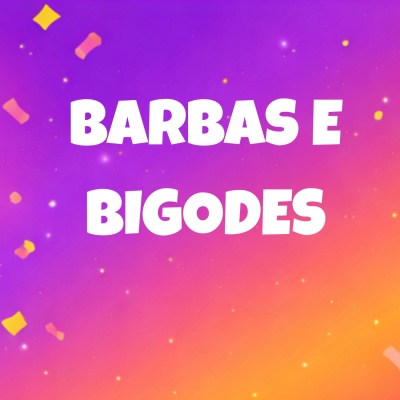 Fundo roxo e laranja com texto branco BARBAS E BIGODES