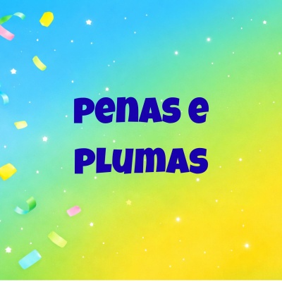 Fundo colorido com texto PENAS E PLUMAS e confetes coloridos