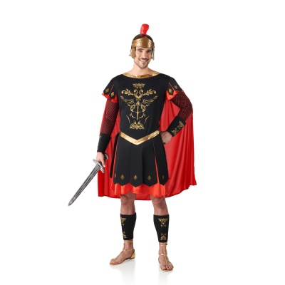 Fato de gladiador romano com capa vermelha e capacete dourado