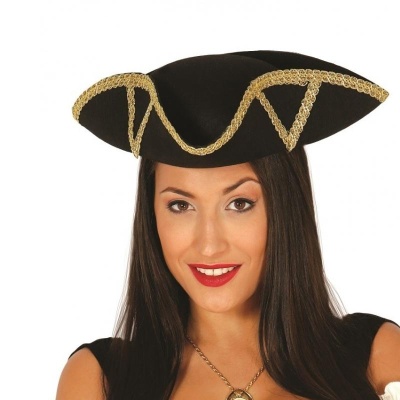 Chapéu tricórnio preto com bordados dourados em corda