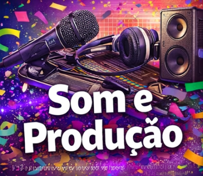 Equipamento de som e produção musical com microfone, auscultadores, coluna e mesa de mistura em fundo colorido