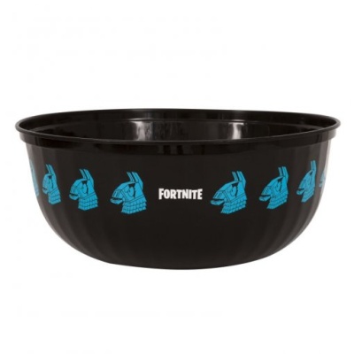 Tigela preta de plástico com padrões azuis e texto FORTNITE