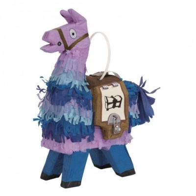Piñata em forma de lhama roxa e azul com arnês e cadeado