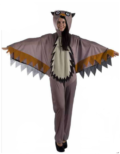 Fato de coruja castanho com capuz e padrão de penas nas mangas e peito