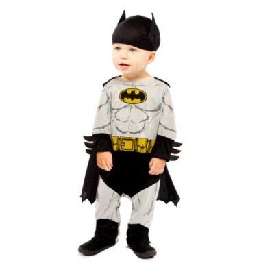 Fato bebé Batman com símbolo amarelo e preto, cinto amarelo, capa e gorro preto, tecido macio.