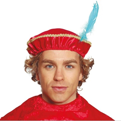 Homem com chapéu vermelho com pena azul e capa vermelha em fundo branco