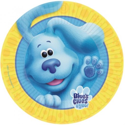 Prato descartável com personagem Blue do Blue's Clues & You em azul e amarelo