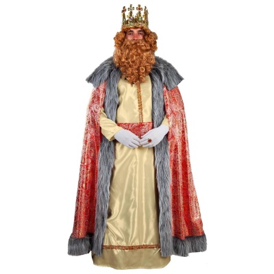 Fato de rei com vestido dourado, capa vermelha e coroaj dourada