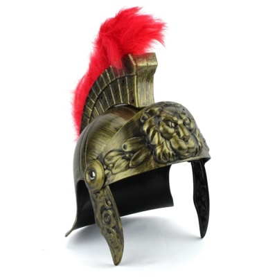 Capacete romano dourado com crista vermelha em penugem