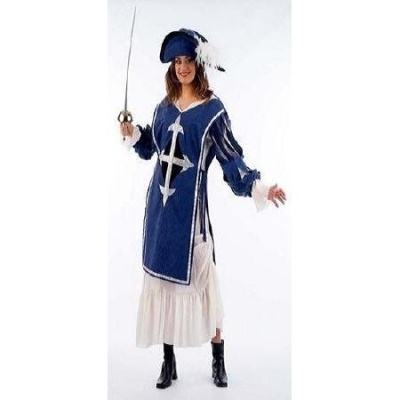 Fato de mosqueteiro azul com saia branca e chapéu com penas