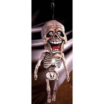 Boneco esqueleto caricatural pendurado com boca aberta