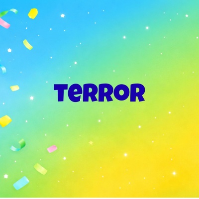 Palavra TERROR em letras grandes azuis sobre fundo colorido com estrelas e confetis.
