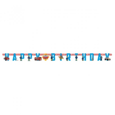 Faixa decorativa azul e vermelha com letras 