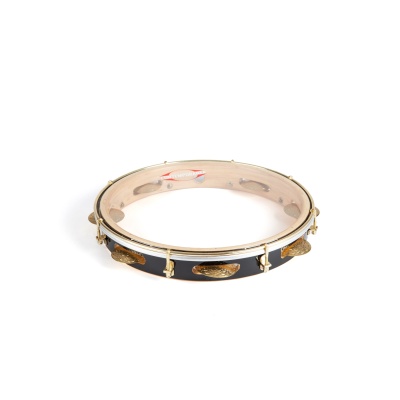 Pandeireta tradicional preta com detalhes dourados e pele branca