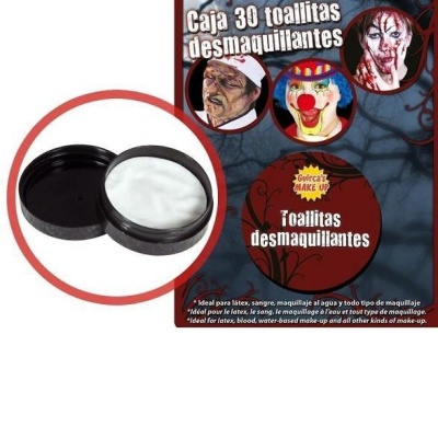 Embalagem preta redonda aberta com toalhitas desmaquilhantes e imagens de rostos maquiados assustadores.
