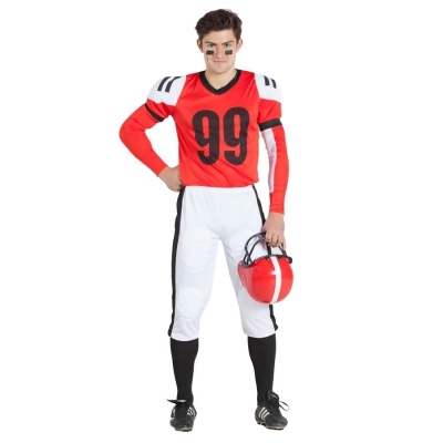 Homem com fato de futebol americano vermelho e branco, número 99, capacete vermelho