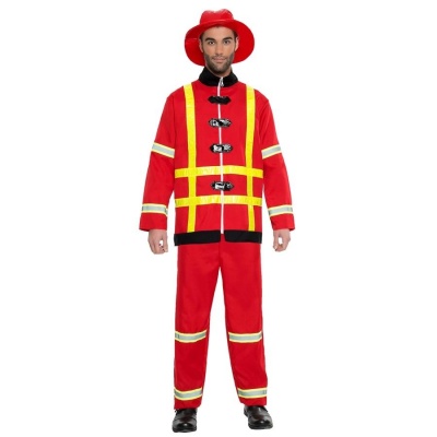 Fato completo de bombeiro vermelho com faixas refletoras amarelas e brancas e chapéu vermelho