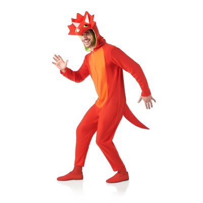 Fato de dinossauro vermelho e laranja com capuz e cauda