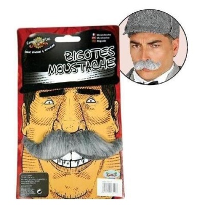 Bigode postiço cinzento com embalagem ilustrada e texto bilingue