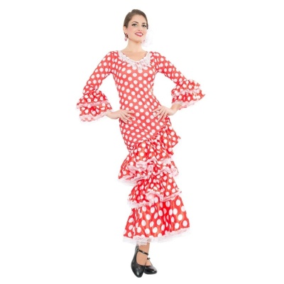 Vestido flamenco vermelho com bolinhas brancas e folhos brancos