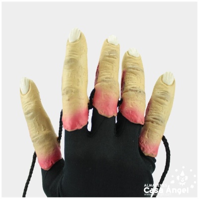 Luva preta com dedos falsos em forma de dedos humanos com unhas brancas e pontas avermelhadas