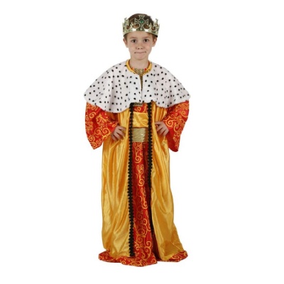 Fantasia de rei infantil com capa branca e vestido dourado e vermelho