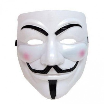 Máscara Guy Fawkes branca com detalhes pretos e bochechas rosadas