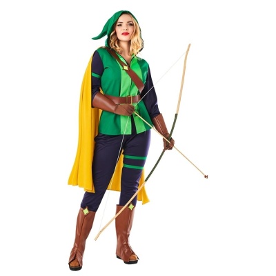 Fato de arqueiro verde com capa amarela e acessórios castanhos