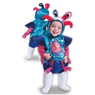 Fato de criança azul e rosa com olhos e antenas, estampa de monstro, pernas brancas