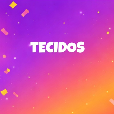 Fundo gradiente roxo a laranja com confetes e texto TECIDOS em branco