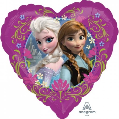 Balão metálico em forma de coração com personagens Elsa e Anna do Frozen