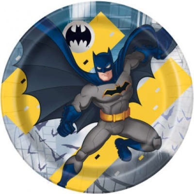 Prato de papel com ilustração do Batman em traje cinza, azul e amarelo