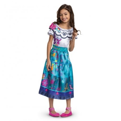 Vestido infantil colorido com saia azul estampada e parte superior branca com caveiras