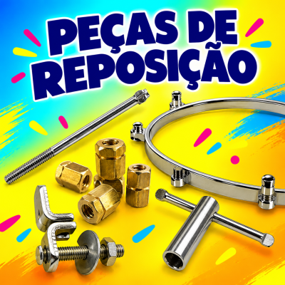 Peças de reposição metálicas sobre fundo colorido com texto promocional