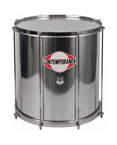 Tambor metálico prateado com logo CONTEMPORÂNEA