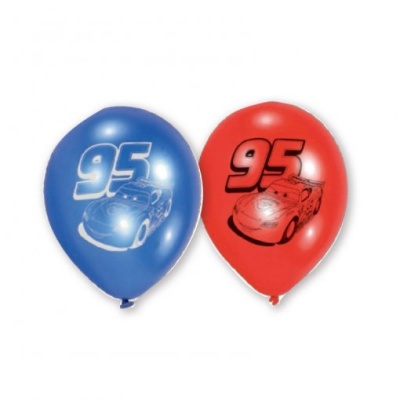 Balões azul e vermelho com número 95 e carros impressos