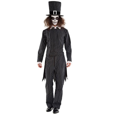 Fato masculino de Halloween com riscas brancas e máscara de caveira