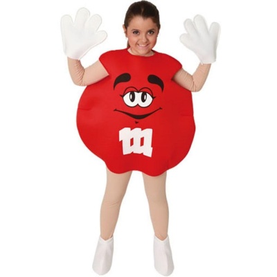 Fato de M&M vermelho com rosto impresso, luvas brancas, collants e sapatos brancos em criança.