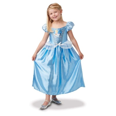 Vestido de princesa azul claro com laço branco e imagem infantil