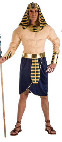 Fato de faraó egípcio com máscara dourada e preta, túnica azul com detalhes dourados e cinto dourado