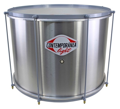 Tambor metálico prateado com o logotipo CONTEMPORÂNEA light