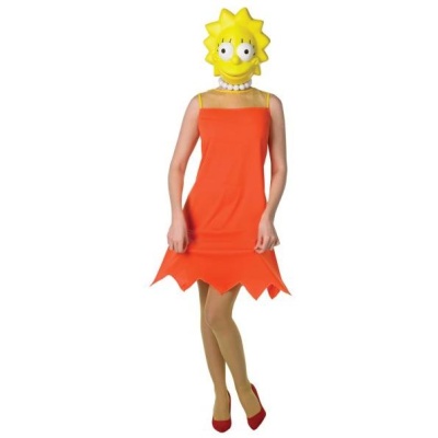 Fato de fantasia de Lisa Simpson com vestido laranja e máscara amarela